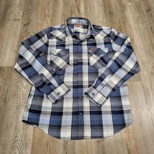 Wrangler Plaid Blue Long Sleeve Button Up Shirt Mens Size Large